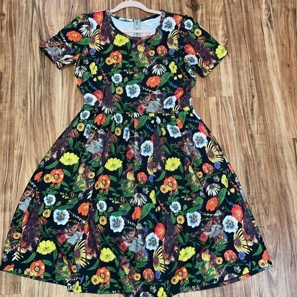 Lularoe women dress Large 14 16 fit flare pockets dark floral bird Amelia black - Picture 2 of 9